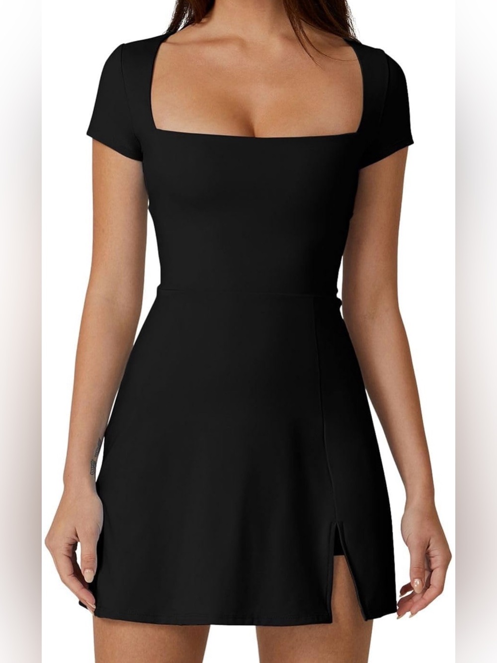 Athletic Square-Neck Mini Dress with Cap Sleeves